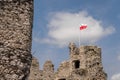 Ruins of medieval tower with flag