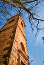 Ruins of an old abandoned church bell tower made of stone and a dry tree under a blue sky on a sunny day Royalty Free Stock Photo