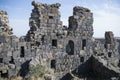 Ruins of an old castle. Entrance door and window of an old castle. Fortress towers and walls