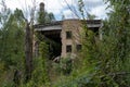 The ruins of an old factory and a chimney. An old factory overgrown with trees Royalty Free Stock Photo