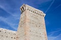 Ruins of old medieval castle . fortified wall and tower detail brick