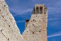 Ruins of old medieval castle . fortified wall and tower detail brick