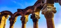 Ruins of an old monastery. Columns of the church. Temple ruins. Old architecture with nice patterns