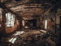 Ruins of old red brick abandoned building inside interior, dark creepy corridor