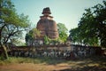 Ruins of old red brick chedi stupa architecture detail at Wat Mahaeyong , Ayutthaya , Thailand