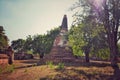 Ruins of old red brick chedi stupa architecture detail at Wat Mahaeyong , Ayutthaya , Thailand