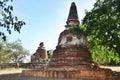 Ruins of old red brick chedi stupa architecture detail at Wat Mahaeyong , Ayutthaya , Thailand