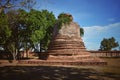 Ruins of old red brick chedi stupa architecture detail at Wat Mahaeyong , Ayutthaya , Thailand