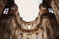 ruins of an old ruined church. red brick, ruined arches