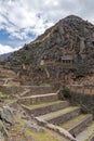 Peruvian mountain landscape with Ruins of Ollantaytambo in Sacred Valley of the Incas in Cusco, Peru