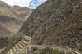 Peruvian mountain landscape with Ruins of Ollantaytambo in Sacred Valley of the Incas in Cusco, Peru Royalty Free Stock Photo