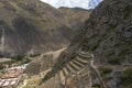 Peruvian mountain landscape with Ruins of Ollantaytambo in Sacred Valley of the Incas in Cusco, Peru