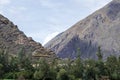 Peruvian mountain landscape with Ruins of Ollantaytambo in Sacred Valley of the Incas in Cusco, Peru