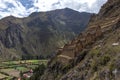 Peruvian mountain landscape with Ruins of Ollantaytambo in Sacred Valley of the Incas in Cusco, Peru