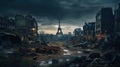 Ruins of Paris city, destroyed buildings and Eiffel tower. Generative AI Royalty Free Stock Photo