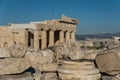 Ruins of Parthenon temple with monumental gateway Propylaea in t Royalty Free Stock Photo