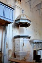 Ruins. Pulpit inside fortified medieval saxon evangelic church in the village Felmer, Felmern, Transylvania, Romania. Royalty Free Stock Photo