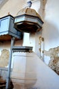 Ruins. Pulpit Inside fortified medieval saxon evangelic church in the village Felmer, Felmern, Transylvania, Romania. Royalty Free Stock Photo