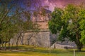 Ruins of red house in Chichen Itza, Yucatan, Mexico, Maya civilization with Milky Way Galaxy stars night sky Royalty Free Stock Photo