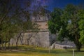 Ruins of red house in Chichen Itza, Yucatan, Mexico, Maya civilization with Milky Way Galaxy stars night sky Royalty Free Stock Photo