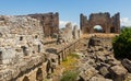 Ruins of the roman bazilica and nymphaeum in the antiquity city of Aspendos Royalty Free Stock Photo