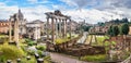 Ruins of Roman Forum. Temple of Saturn, Temple of Vespasian and Titus, Arch of Septimius Severus and others. Rome. Italy