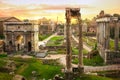 Ruins of Roman`s forum at sunset, ancient government buildings started 7th century BC. Rome Royalty Free Stock Photo