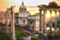 Ruins of Roman`s forum at sunset, ancient government buildings started 7th century BC. Rome Royalty Free Stock Photo