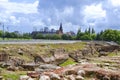 Ruins of the Royal castle of Prussian kings in the center of Kaliningrad. The view of the Cathedral of Koenigsberg