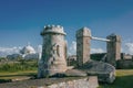 Ruins of San Cristobal Castle and the Puerto Rico Capitol in Old Royalty Free Stock Photo