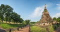 Ruins stupa with sculpted images of elephants. Panorama.Thailand