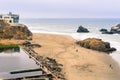 Ruins of the Sutro baths on a cloudy day; the Cliff house in the background, Lands End, San Francisco, California Royalty Free Stock Photo