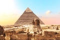 Ruins of the temple of Giza with the Sphinx and the Pyramid of Khafre,  Egypt Royalty Free Stock Photo