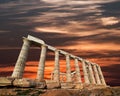 Ruins of the temple of Poseidon at Cape Sounion, sunset colors sk Royalty Free Stock Photo