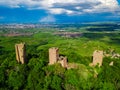 Ruins of Three castles near Colmar, Alsace. Aerial drone view