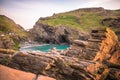 The ruins of Tintagel Castle on Tintagel Island at sunset