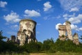 The ruins of the tower of castle Chervonohorod above the landscaped park valley of the Dniester River in Ukraine Royalty Free Stock Photo
