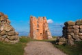 Ruins of Tower Shchitovka and Mindovg Castle, boulder fence in foreground. Novogrudok, Belarus