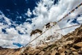 Ruins of Tsemo Victory Fort on the cliff of Namgyal hill and Lungta - colorful Buddhist prayer flags