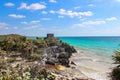 Ruins of Tulum on the coast of Caribbean Sea,Yuacatan,Mexico. Maya site popular for tourists.View of Templo Dios del Viento,God of