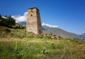 Ruins of the village of Kunnyum-El and the watchtower of Abai-Kala on a sunny slope above the village of Verkhnyaya Bakaria