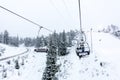Ruka, Finland - November 24, 2012: Skiers are sitting on the chair ski lift at Ruka ski resort in freezing day