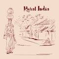 Rular indian village lifestyle sketch illustration
