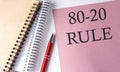 80-20 RULE word on the pink paper with office tools on white background