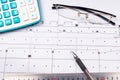 Ruler, eraser, glasses and a pencil on the floor plan - Bussines a still-life Royalty Free Stock Photo