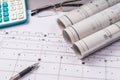 Ruler, eraser, glasses and a pencil on the floor plan - Bussines a still-life Royalty Free Stock Photo