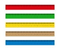 Ruler with measure of inch, mm, cm. Wooden, metal scale with metric for school. Stationery for class desk. Red, blue, green tape