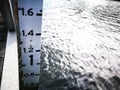 The ruler measurements for water tide at a river.