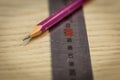 Ruler and pencil on a wooden background. Part marking. Carpenter`s workshop. Work carpenter. Royalty Free Stock Photo