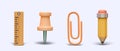 Ruler, pushpin, paper clip, pencil. Vector 3D stationery in vertical position